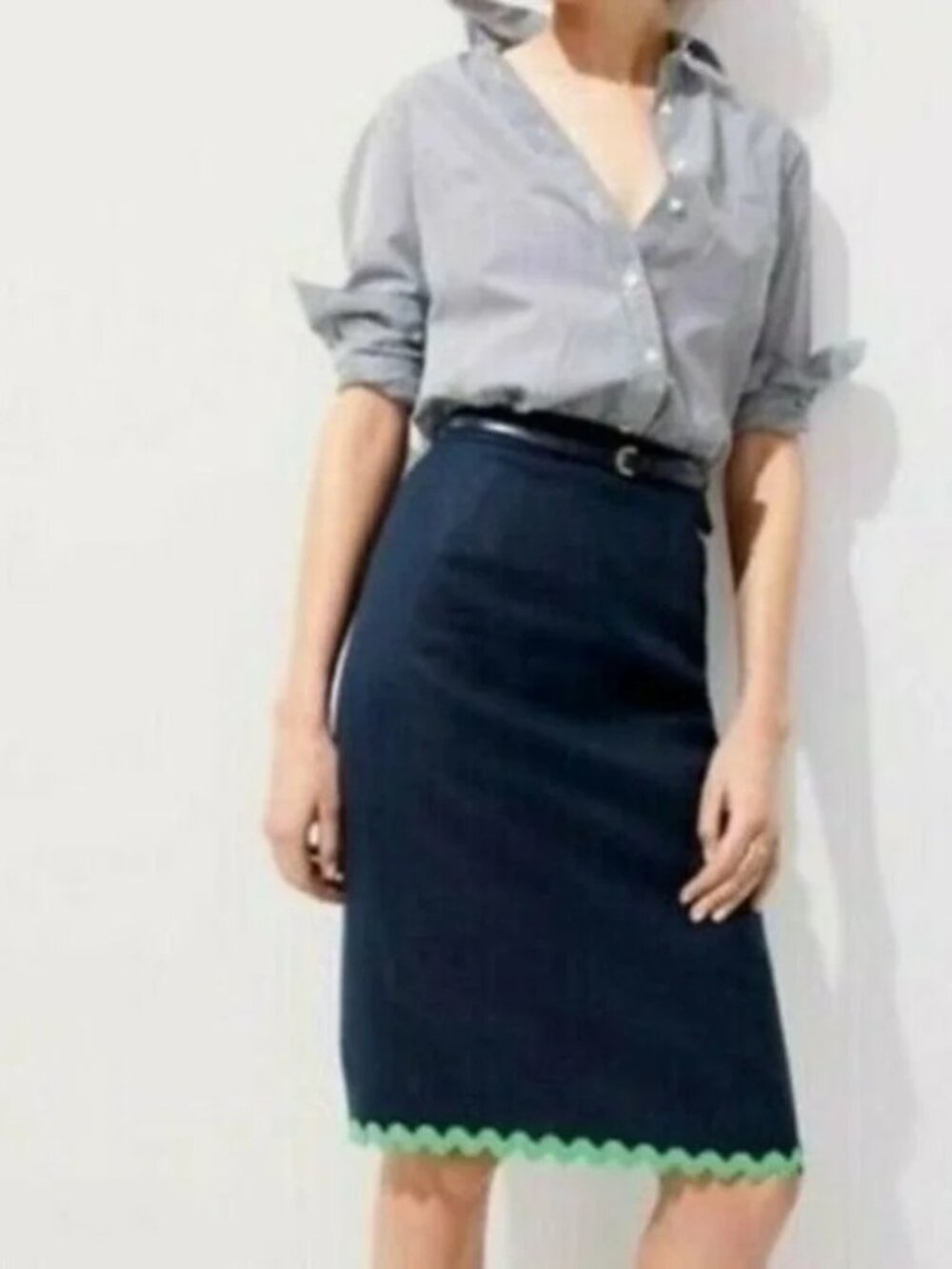J. Crew 100% Linen Navy Rickrack Green Trim Pencil Skirt Size 10